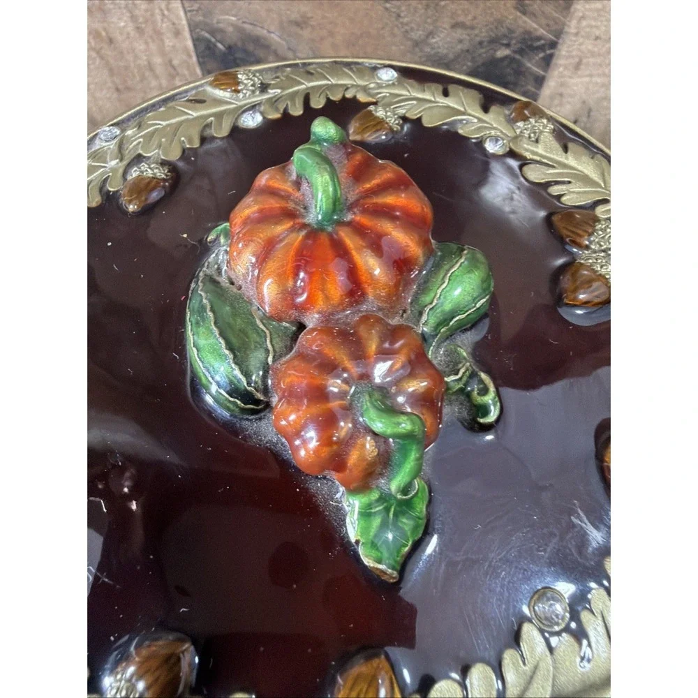 Vtg Olivia & Gracie Enamel Pumpkin Trinket Box Autumn Acorn Crystals Mirror Hing